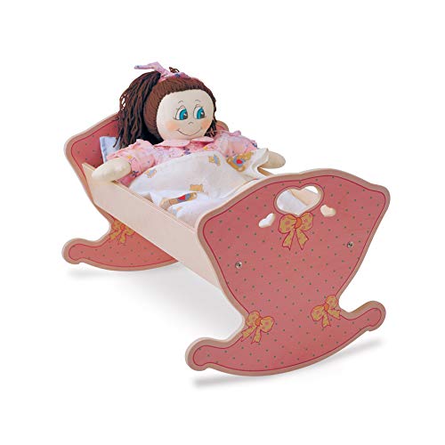 Dida - Puppenwiege aus Holz mit Matratze und Kopfkissen + Bettlaken für Puppen bis 50 cm Grösse - Farbe: Rosa
