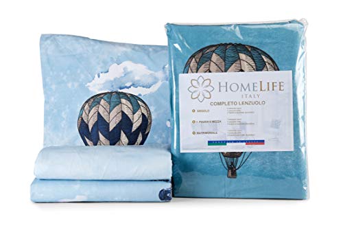 HomeLife Bettwäsche-Set für Doppelbett aus Baumwolle, Bettwäsche-Set mit Bettlaken 250 x 300 cm + Kissenbezug 52 x 82 cm, Motiv: Heißluftballons und Stadt, Blau