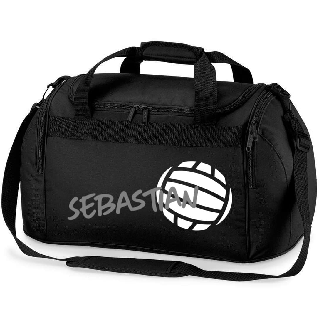 Sporttasche mit Namen Bedruckt für Kinder | Personalisierbar mit Motiv Volleyball | Reisetasche Duffle Bag für Mädchen und Jungen in Schwarz, Blau, Grün, Pink, Rot (Schwarz)