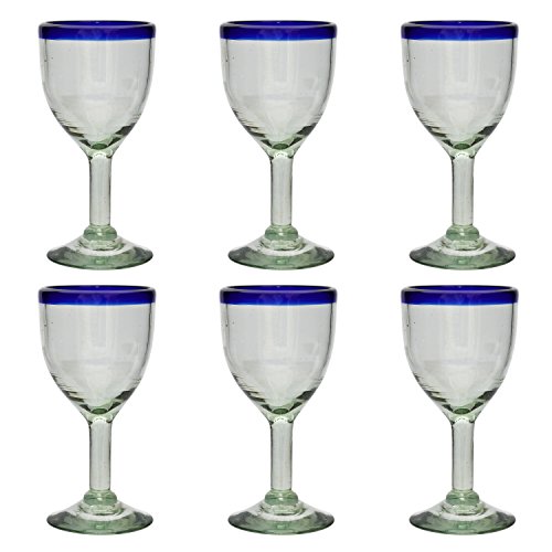 Tumia LAC Handgemachtes Weinglas - mittlere Größe - recyceltes Glas - Blauer Rand - Set aus 6 Gläsern