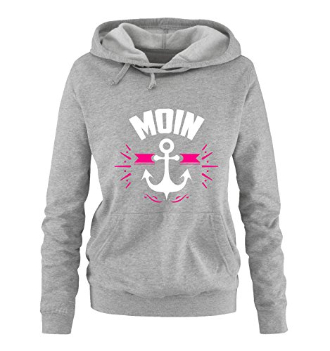 Comedy Shirts - Moin - Anker - Damen Hoodie - Grau / Weiss-Pink Gr. L