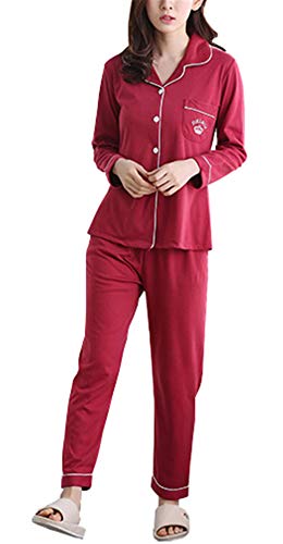 Yigoo Pyjama Schlafanzug Damen Lang Baumwolle Klassische Sleepwear V-Ausschnitt Zweiteiliges Rot M