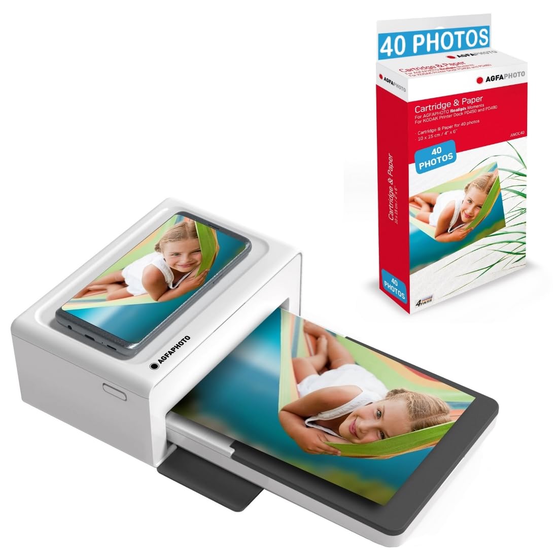 AGFA Photo Realipix Moments Drucker-Paket + Patronen und Papiere für 40 zusätzliche Fotos – Bluetooth-Fotodruck 10 x 15 cm Smartphone Apple und Android, 4 Pass Sublimation Thermal – Weiß