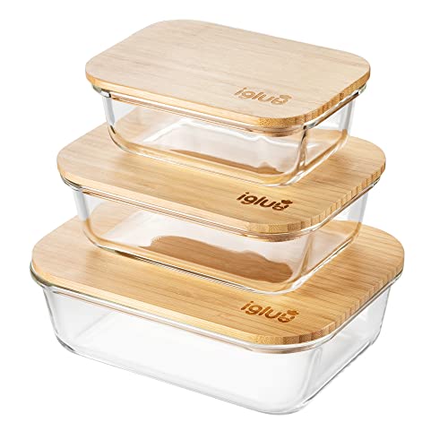 Igluu Meal Prep Glas Lebensmittel Frischhaltedosen (3er Set), Umweltfreundliche Lebensmittelbehälter mit Bambusdeckeln, ineinander stapelbare Glas Behälter, luftdichte Lunchbox (mit 3 Gummibändern)
