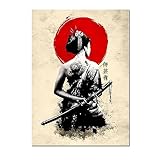 DaanaH Japanische Samurai Leinwand Poster weibliche Kriegerin Red Sun Wall GemäldeJapanische Retro Plakate und Kunstdrucke Wohnzimmer Wohnzimmer Dekor Bilder（Kein Rahmen）