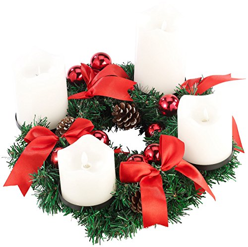 Britesta Gestecke LED-Kerze: Adventskranz, rot, 4 weiße LED-Kerzen mit bewegter Flamme (Adventskränze mit LED Beleuchtung, Adventskranz geschmückt, Kabellose Weihnachtskerzen)