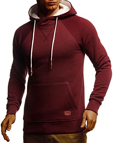 Leif Nelson Herren Kapuzenpullover Slim Fit Baumwolle-Anteil Moderner weißer Herren Hoodie-Sweatshirt-Pulli Langarm Herren schwarzer Pullover-Shirt mit Kapuze LN8125 Bordeaux Melange Small