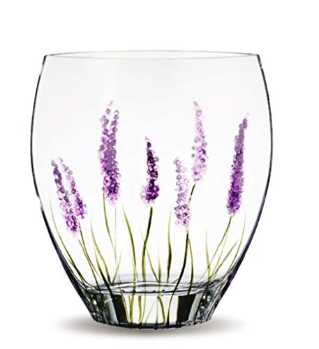 Quality Glasvase mit violettem Lavendel-Design, klassisch, gebogen, mundgeblasen/handdekoriert, ideal für Geburtstag/Hauseinweihung/3. Hochzeit, 21,5 cm