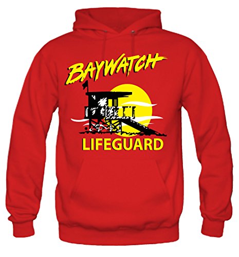 Baywatch Männer und Herren Kapuzenpullover | David Hasselhoff Malibu Lifeguard Fun (S, Rot)