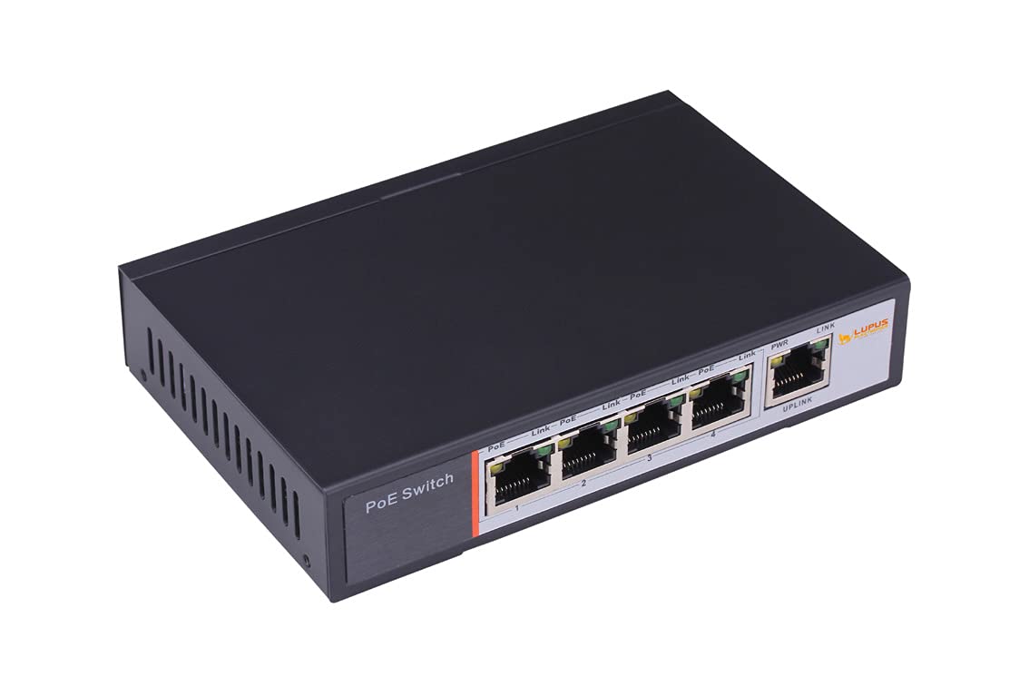 Lupus-Electronics 10995 PoE Switch, 4 Kanal, versorgt kompatible IP-Kameras, 10/100mbit, IEEE 802 af konform, 15.4 W, Schwarz