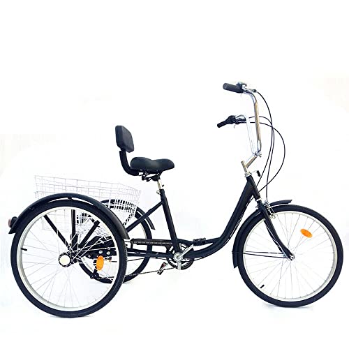 OUKANING 24 Zoll Erwachsene Dreirad 6 Gang Dreirad 3 Rad Cruiser Fahrrad mit Einkaufskorb Lastenfahrrad max.belastbar 120kg (schwarz)