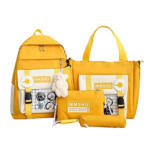 4-Teiliges Rucksack-Set, für Teenager,Kawaii Schultaschen Set,Robust, Wasserdicht, Schulranzen-Sets mit Bären-Anhänger,Laptop Canvas Schultaschen (Gelb)