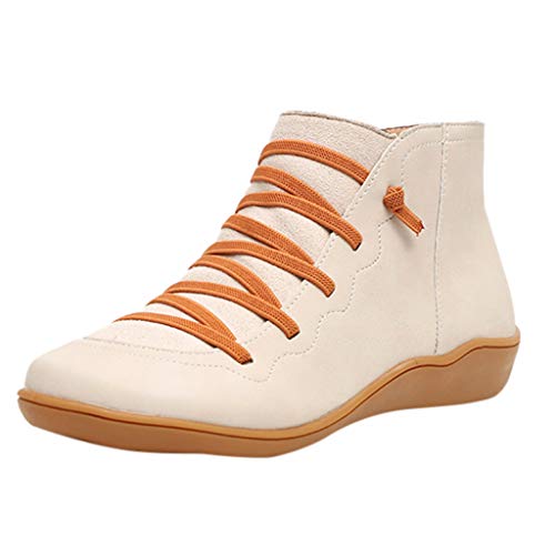 Yowablo Stiefeletten Damen Casual Flache Leder Retro Schnürstiefel Seitlicher Reißverschluss Runde Kappe Einfarbig (37 EU,11- Beige)