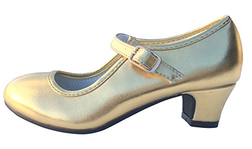 La Senorita - Prinzessinnen Schuhe Gold für Mädchen und Frauen - Brautjungfer Schuhe beim Hochzeit - Kommunion - Festliche Spanische Flamenco Tanz Schuhe für Kinder und Frauen