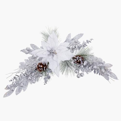 LOLAhome Weihnachtsschmuck Stoffblume und Tannenzapfen, Weiß und Silber, 73 cm