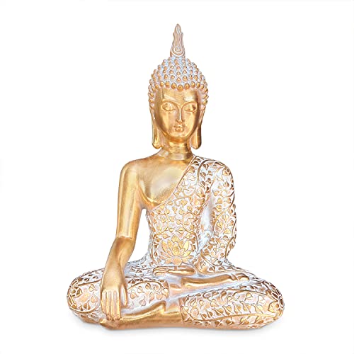 Buddha Statue Gold 30cm Dekofigur sitzend mit weißem Muster Buddha Deko Figur klein