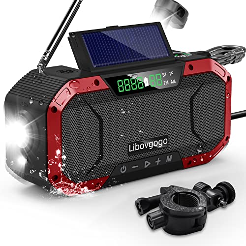 Libovgogo DF-580Pro 5000mAh Kurbelradio mit Handyladefunktion Solar, 7W IPX5 Waterproof Bluetooth Lautsprecher,Tragbares Auto Scan AM/UKW Notfallradio mit Taschenlampe LED-Leselampe Outdoor Camping