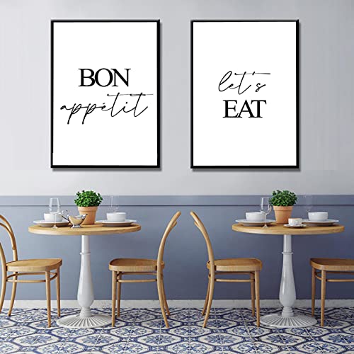 Bon Appetit Let's Eat Zitate Leinwand Gemälde Minimalismus Schwarz Weiß Wandkunst Poster und Druck Bilder Esszimmer Dekor 40x60cm-2Pieces Frameless