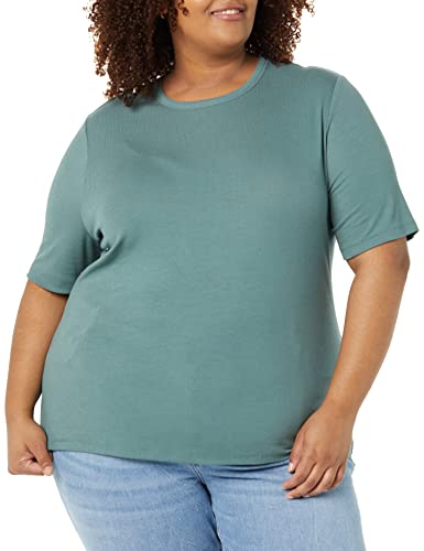 Amazon Aware Damen Geripptes T-Shirt aus Modal mit ellenbogenlangen Ärmeln und Rundhalsausschnitt (in Übergröße erhältlich), Dunkelgrün, 7XL Große Größen