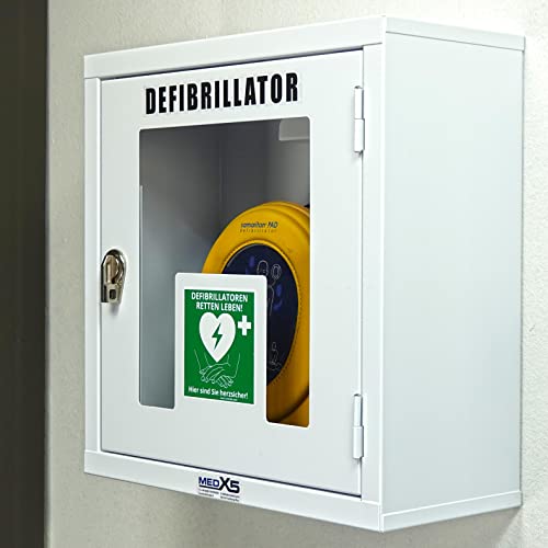 MedX5 PAD360P 8 Jahre Garantie, Laien Defibrillator AED, vollautomatischer Defibrillator mit HLW Unterstützung + Metallwandkasten mit Alarm