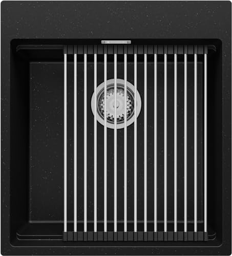 Spülbecken Schwarz Metallic 48x53 cm, Granitspüle 1 Becken + Ablauf-Set, Küchenspüle ab 50er Unterschrank, Einbauspüle von Primagran