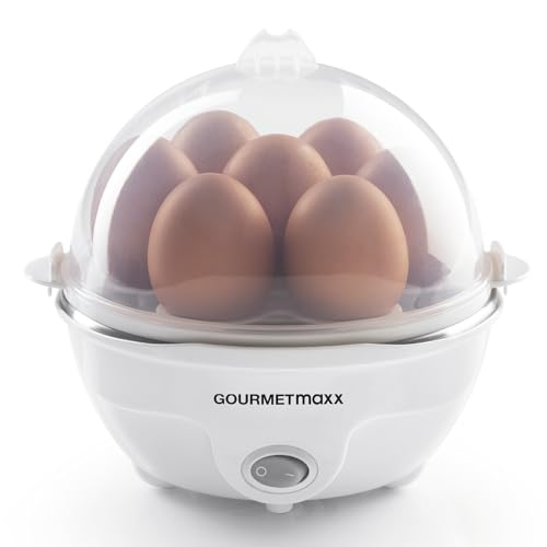 GOURMETmaxx Eierkocher für bis zu 7 Eier | Elektrischer und energiesparender Egg Cooker für individeulle Härtegrade | Inkl. Messbecher mit Ei-Pick für perfekte Ergebnisse | Mit Dampfauslassung [350 W]
