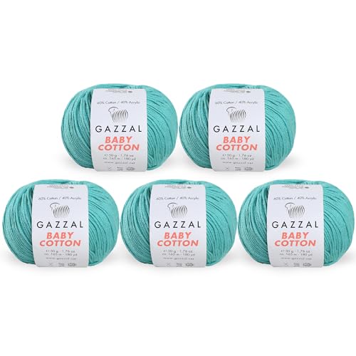 Gazzal Baby Cotton 3426, 5 Knäuel, 50 g, 165 m, weiches, feines Babygarn, 60 % Baumwolle, Türkisgrün