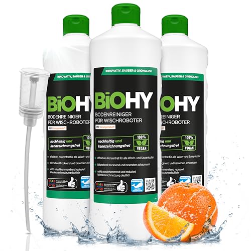 BiOHY Bodenreiniger für Wischroboter mit Orangenduft (3 x 1 Liter) + Dosierer | Reinigungsmittel Konzentrat für alle Wischroboter | Schaumarm & Streifenfrei | Nachhaltiges 1:200 Konzentrat
