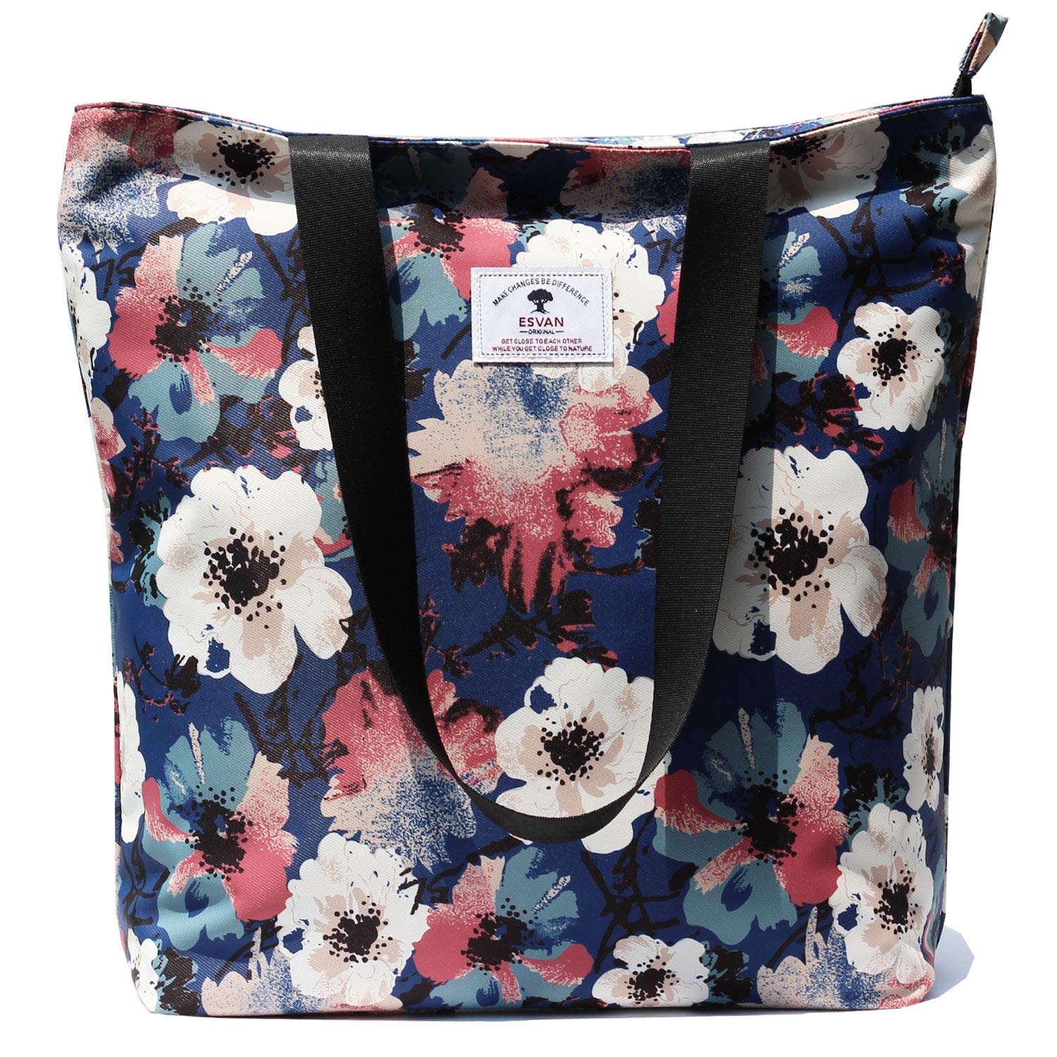 ESVAN Original Floral Tote Bag Schultertasche für Gym Wandern Picknick Reisen Strand, [M] Blumenblatt, Einheitsgröße
