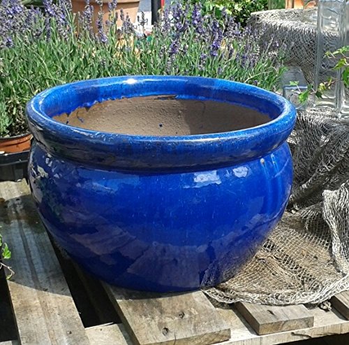 terracotta-toepfe-de Blauer Blumentopf/Pflanzschale ca. 30 cm Durchmessser, blau glasierte Keramik Steingut Garten Deko Blumenkübel Pflanztopf