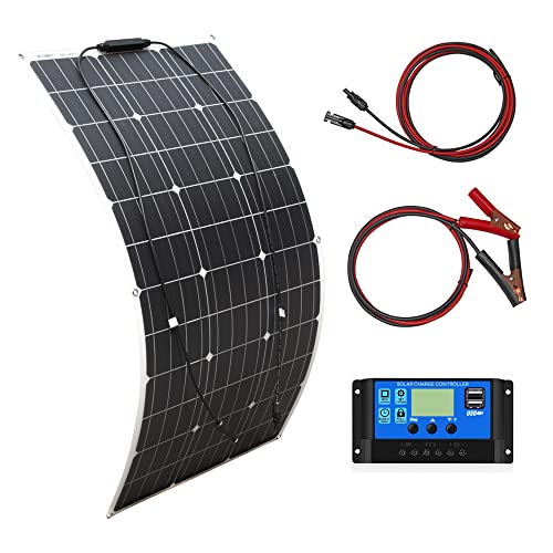Solarpanel-Set 100W 12V Solarmodule flexibles monokristallines Ladegerät mit 10 A Solarsteuerung für Wohnwagen, Wohnmobil, Wohnmobil, Auto und 12 V-Ladebatterien (100)