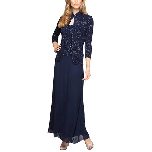 Alex Evenings Damen Jaquard Langes Mandarinen-Ausschnitt (Petite Regulular) Kleid für besondere Anlässe, Marineblau, 38