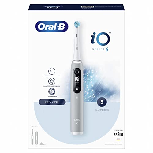 Oral-B iO 6 Elektrische Zahnbürste, 1 grauer Griff, 1 Ersatzbürste, 1 Reiseetui, weißes und schwarzes Display