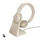 Jabra Evolve2 65 Wireless PC Headset with Charging Stand – Noise Cancelling UC Certified Stereo Headphones With Long-Lasting Battery – USB-A Bluetooth Adapter – Beige