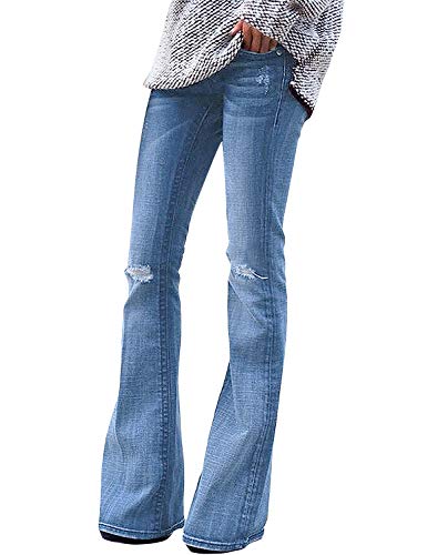 Roskiky Damen Stretch Denim Flare Jeans Schlaghosen Ausspülen Wash Out Jeans Hellblau Größe XL