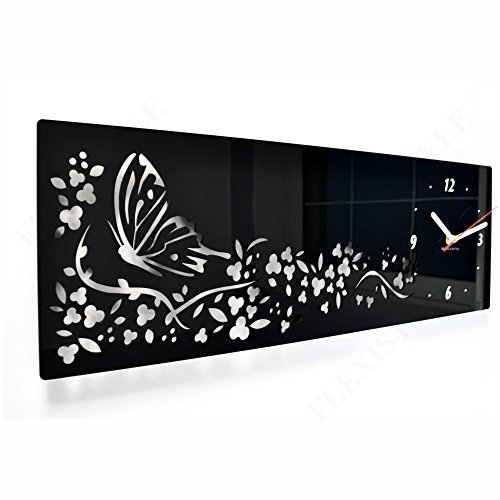Moderne Wanduhr Schmetterling in Blumen, rechteckig 20 x 60 cm, schwarz, Wohnzimmer, Schlafzimmer