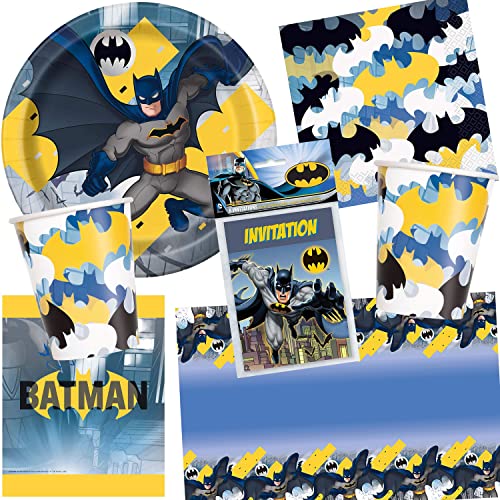 101-teiliges Party Set * Batman * für Kindergeburtstag mit 8 Kinder: Teller, Becher, Servietten, Einladungen, Tischdecke, Trinkhalme, Luftschlangen, Ballons | Kinder Party Deko