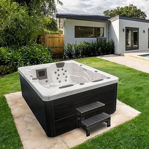 HOME DELUXE - Outdoor Whirlpool - White Marble Plus Treppe und Thermoabdeckung - Maße 210 x 160 x 85 cm - Inkl. Heizung, 27 Massagedüsen und 9 Lichtquellen | Außen Whirlpool Spa für 3 Personen