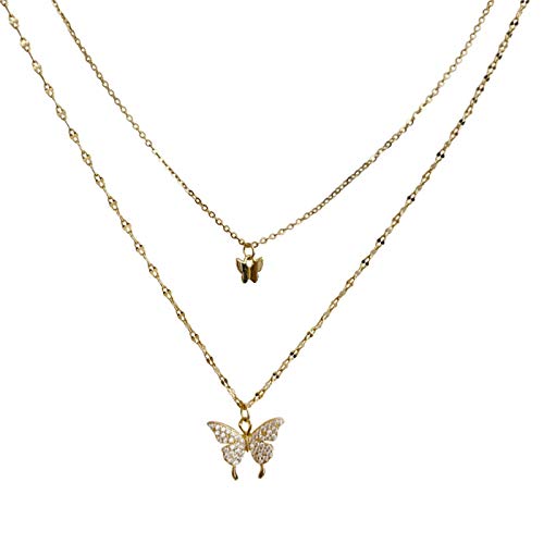 QZH Damen-Halskette, Schmetterling, glänzend, Sterling-Silber 925, für Damen, Dainty Double Layercle Cnecklace Jewelry für Damen/Farbe Gold