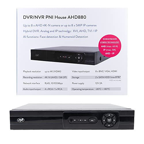 DVR/NVR PNI House AHD880, 8 analoge Kanäle 4K-N oder 8 IP-Kanäle 5MP, H265+, Audio-Eingang, Audio-Ausgang, USB 2.0, 2 x SATA max 8TB