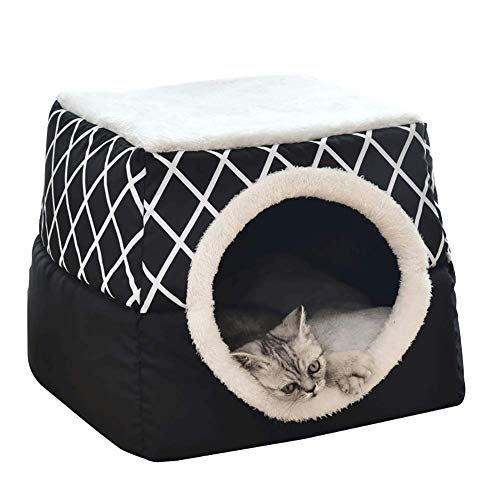 ANQI Haustierbett, Katzen- und Hundebett, Höhle, 5,1 cm, zusammenklappbar, für Katzen, ultraweiches Bett, bequemes Bett für Katzen, Schwarz, 38 x 38 x 34 cm