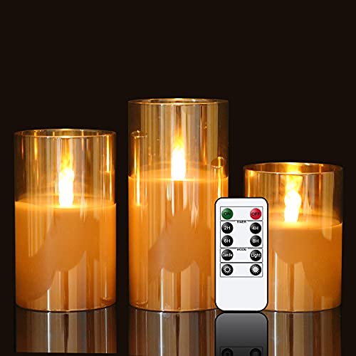 Eldnacele flackernde flammenlose Kerzen tanzende Flamme mit Timer Fernbedienung 11,4 cm 15,2 cm Set von 3 Echtwachs Stumpenkerzen batteriebetrieben LED Kerzen Art Deco gold