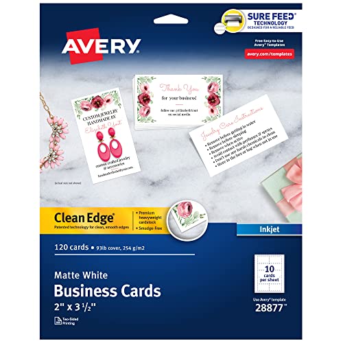 Avery Beidseitig bedruckbare Clean Edge Visitenkarten für Tintenstrahldrucker, weiß, matt, 120 Stück (28877)