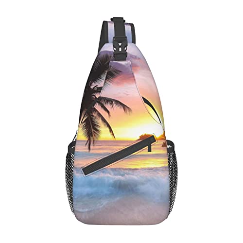 Sunrise Tropische Palmeninsel Print Sling Rucksack, leichte faltbare Umhängetasche | wasserabweisender Schulterrucksack für den täglichen Gebrauch, Schwarz , Einheitsgröße
