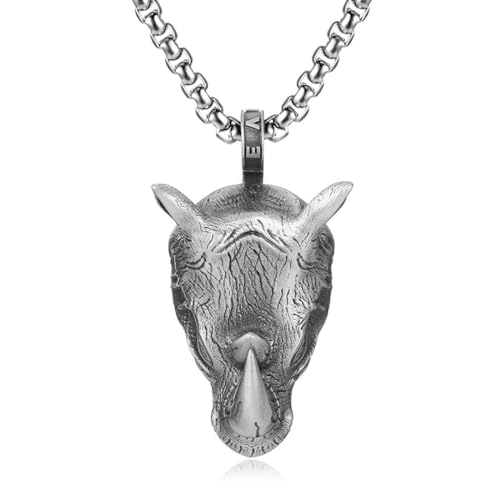 RIJPEX Herren Rhinozeros Reines Zinn Anhänger, Einfache Personalisierte Anhänger Halskette,Silber,Single Pendant