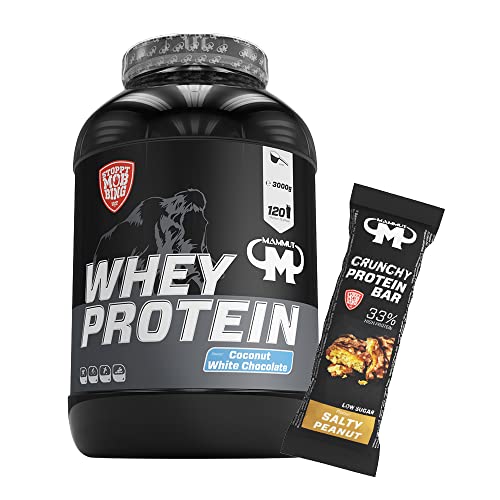 3kg Mammut Whey Protein Eiweißshake - Set inkl. Protein Shaker, Riegel, Powderbank oder Tasse (Coconut White Chocolate, Mammut Protein Bar - Salty Peanut)