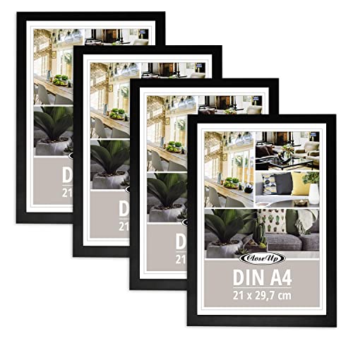 Close Up Bilderrahmen 4er Set DIN A4 (21 x 29,7 cm) | Holzdekor (MDF) schwarz mit Rückwand und Aufsteller | PVC-Scheibe (unzerbrechlich) Profilbreite 17 mm