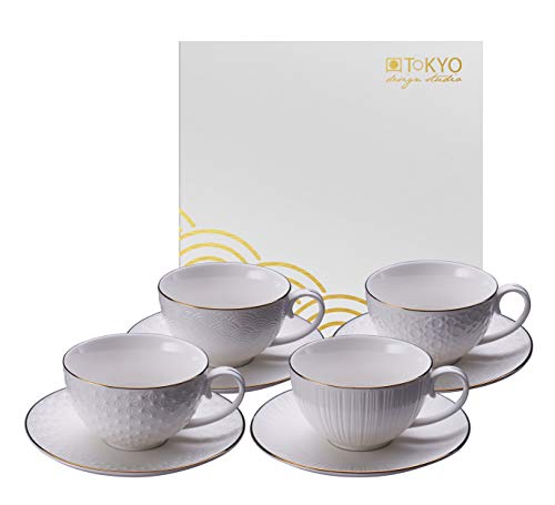 TOKYO design studio Nippon White 4-er Tassen-Set weiß mit Untertassen, mit Gold-Rand, Ø 7,7 cm, 4,6 cm hoch, 100 ml, asiatisches Porzellan, Japanisches Design, inkl. Geschenk-Verpackung