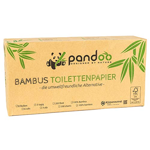 pandoo 100% Bambus-Toilettenpapier | Holzfreies WC-Papier in plastikfreier Verpackung, Bambus Klopapier | 3-lagig und kuschelweich | 12 x 8 Rollen á 200 Blatt (96 Rollen)
