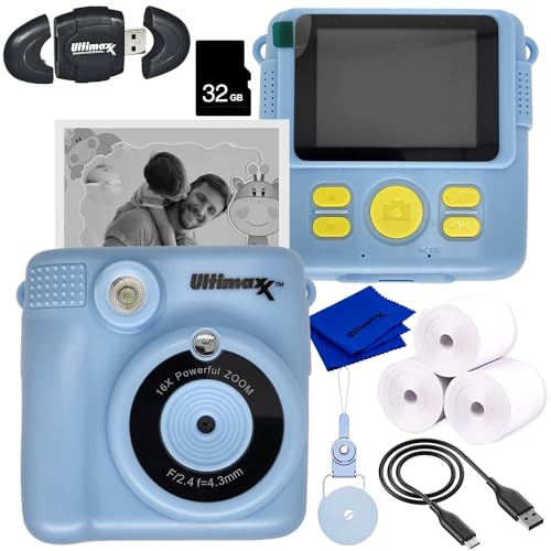 Ultimaxx Essential Sofortbildkamera für Kinder, inkl. 32 GB microSD-Karte, High-Speed-Speicherkartenleser mit internem microSD-Steckplatz, Umhängeband, Mikrofasertuch und mehr, Blau, 9-teiliges Set
